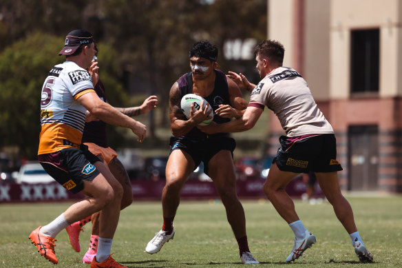 Brendan Piakura, pictured at Broncos training in Brisbane, is touch and go to line up in round two.