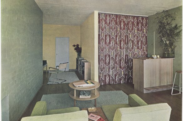 Roy Grounds’ own flat in Toorak’s Quamby apartments, with curtain covering kitchenette in Frances Burke’s Rangga, 1940.
