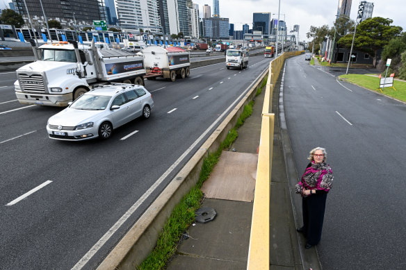 Bernadene Voss stands where a bridge for a tram to Fishermans Bend was proposed to be built by 2025.