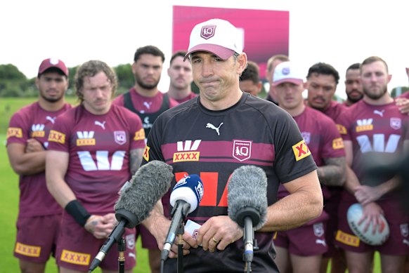 Billy Slater fronts media with his Maroons players on Sunday to announce the death of Cam Munster’s father.