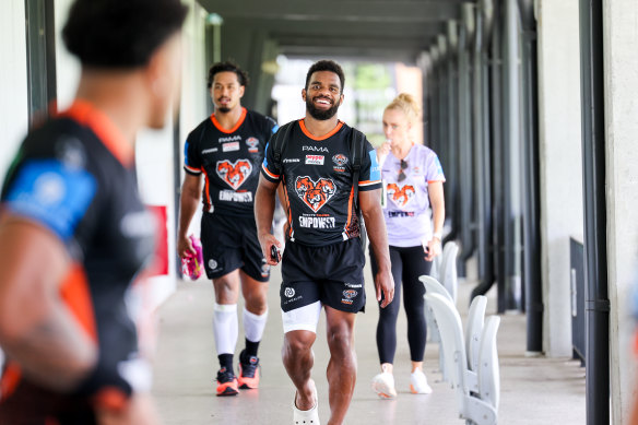 Big energy: Turuva keeps the vibes up around the Tigers’ training base at Concord.