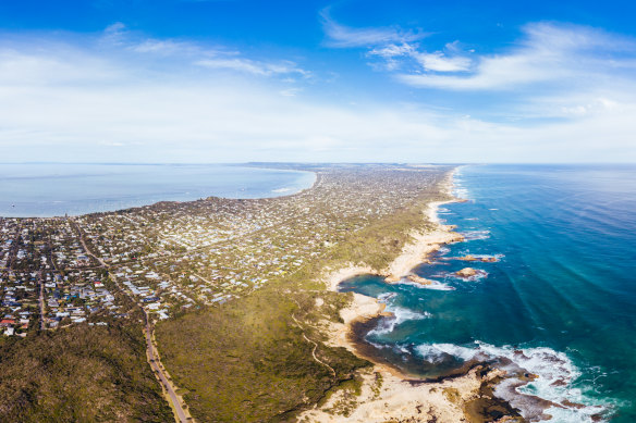 An aerial shot of Mornington Peninsula from Sorrento towards Arthurs Seat in Victoria, Australia