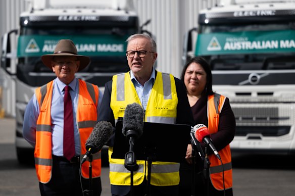 Prime Minister Anthony Albanese during a press conference at the Volvo Trucks Wacol facility in Brisbane, July 8, 2026.  