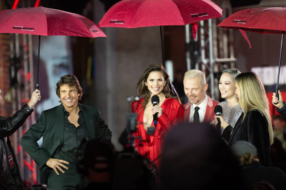 Tom Cruise appears with cast members including Hayley Atwell, Simon Pegg and Pom Klementieff at the premiere of the new Mission Impossible film at the ICC, Darling Harbour.