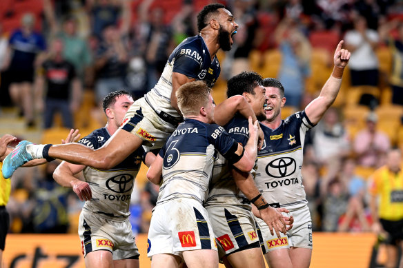 The Cowboys celebrate Jeremiah Nanai’s try in the win over the Tigers - the first time the North Queensland club have ever scored more than 30 points in four consecutive outings.