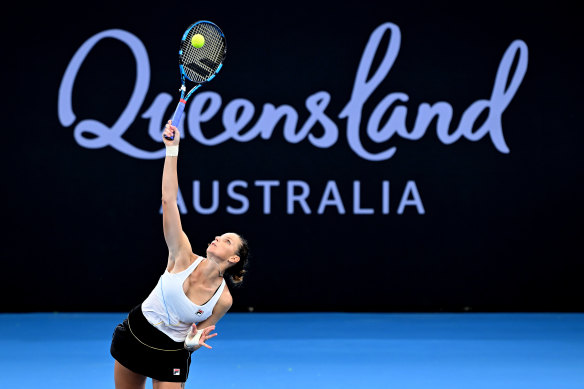 Karolina Pliskova of the Czech Republic serves in her match against Naomi Osaka of Japan during day four of the  2024 Brisbane International at Queensland Tennis Centre.