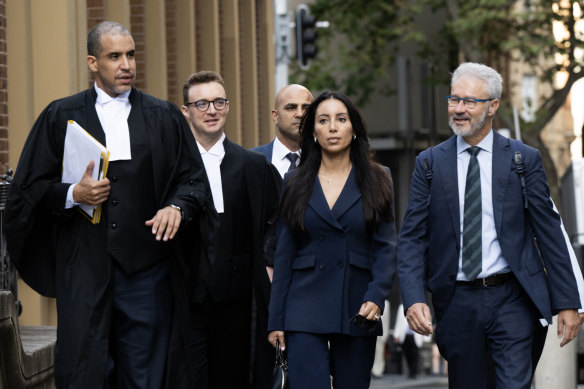 Antoinette Lattouf and her legal team (from left to right), barristers Ohsie Fagir and Philip Boncardo and solicitor Josh Bornstein.