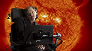 Stephen Hawking in front of sun with coronal mass ejections. 

