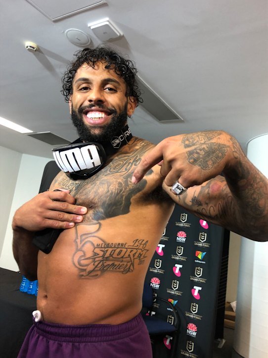 Josh Addo-Carr and the Premiers tattoo he will update.