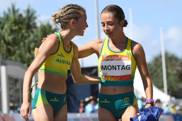 Claire Tallent (left) congratulates Jemima Montag on her gold medal.