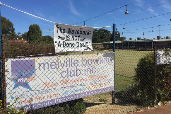 Banners voicing the Melville Bowling Club's opposition to the proposed wave park. 