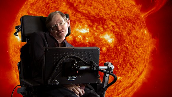 Stephen Hawking in front of sun with coronal mass ejections. 
