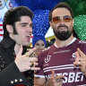 Yeah, momma: Aaron Woods with an Elvis impersonator in Las Vegas.
