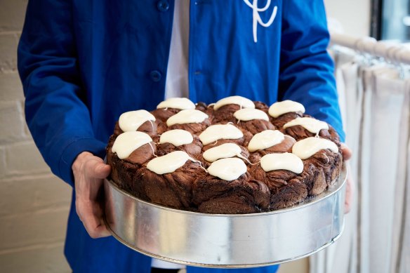 The cinnamon babka with cream cheese icing.