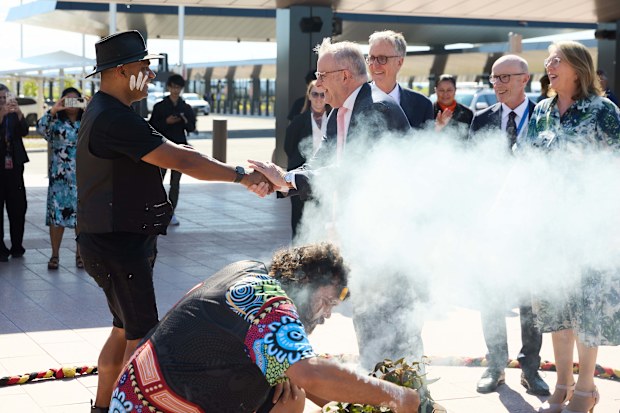 Prime Minister Anthony Albanese takes part in a smoking ceremony to open the new Western Sydney International Airport.