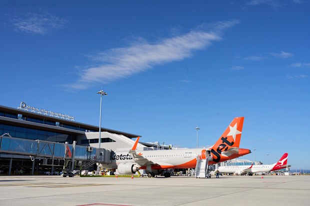 The Jetstar plane ready for passengers at the new Sydney airport.