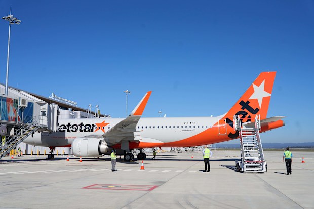 A Jetstar plane at the new Western Sydney Airport.