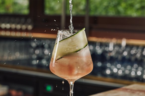 Cleo’s house spritz is made with Campari, lemon myrtle honey, cucumber and a splash of Zonzo Estate’s pistachio spritz. 
