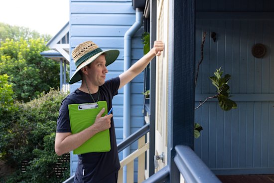Max Chandler-Mather door-knocking in his Brisbane electorate. While many might not agree with him, says one observer, “If you ask them the question, ‘Do you think he cares?’ the answer is, ‘Yes, absolutely.’ ”