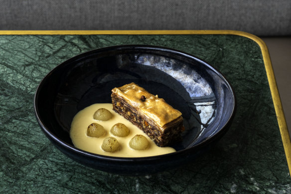 Baklava, dried summer fruit, walnut, guanaja, metaxa and pear.