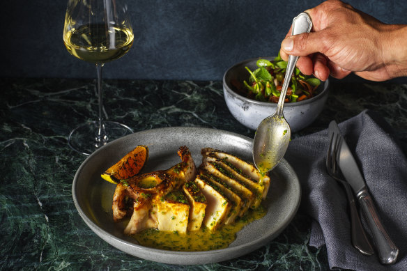 Coal grilled swordfish T-bone with burnt orange and saffron, and extra virgin olive oil. 