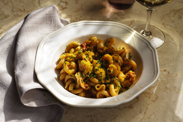 Gigli ai gamberi with king prawns, bottarga, cherry tomato and orange zest.