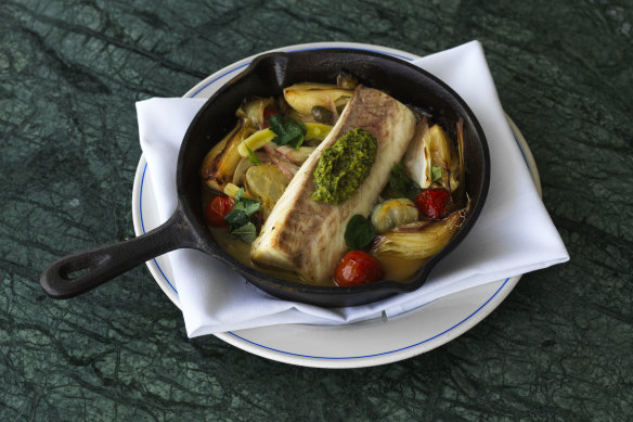 Cobia plaki (baked fish) with fennel, tomatoes and alliums.