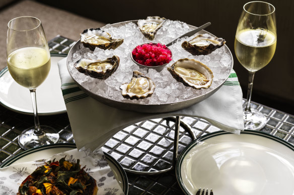 Oysters with rosella granita.