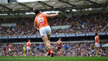 Brent Daniels of the Giants celebrates kicking a goal during the round 22 Gabba clash.
