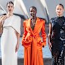 Models  Marisa Pavela, Miji Awakyr and Cameron Stephens in Carla Zampatti ahead of Australian Fashion Week which returns to Circular Quay, Sydney on Monday.