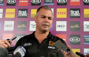 Anthony Seibold speaks at a press conference before a Broncos training session.