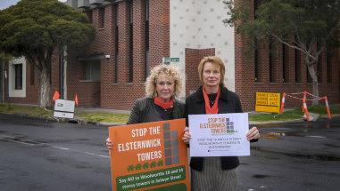 Elsternwick residents Kathy Deacon, left, and Karen Boyd-Jones are rallying against Woolworths' proposed development. 