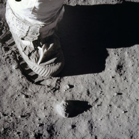 A close-up view of an astronaut's foot and footprint in lunar soil, 1969. A lack of atmosphere means the footprints of Neil Armstrong and Buzz Aldrin are probably still there.