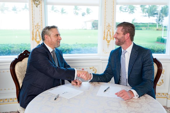 Altus Property Group founder and CEO David Young and Eric Trump at Mar-a-Lago signing a hotel management agreement for a Gold Coast Trump Tower.