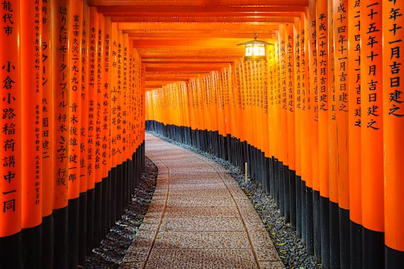 There are 10,000 torii gates at the Fushimi Inari Shrine in Kyoto.