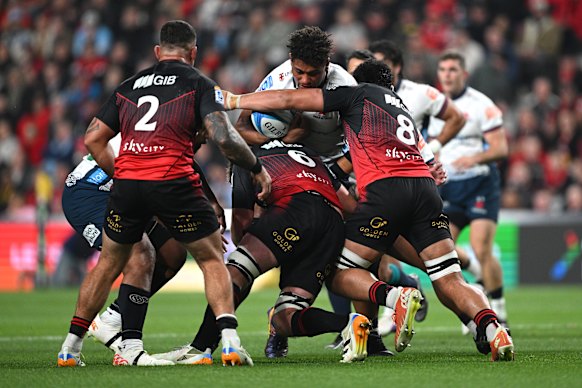 Miles Amatosero takes on the Crusaders defence on Friday night.