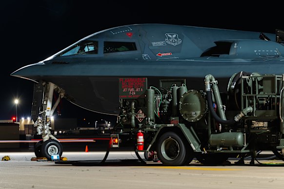 A B-2 stealth bomber being refuelled at Whiteman Air Force Base in Missouri.