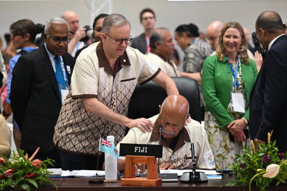 Prime Minister Anthony Albanese greets Fijian Prime Minister Sitiveni Rabuka at the forum.