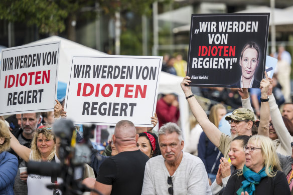 Protesters carry signs saying, “We are governed by idiots” before the weekend voting in two western German states.