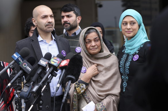 Left to right; Afzaal family members Ali Islam, Tabinda Bukhari and Hina Islam speak to the media after the sentencing of Nathaniel Veltman in London, Ontario, Canada.