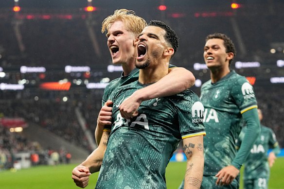 Tottenham’s Dominic Solanke celebrates after scoring his side’s opening goal.