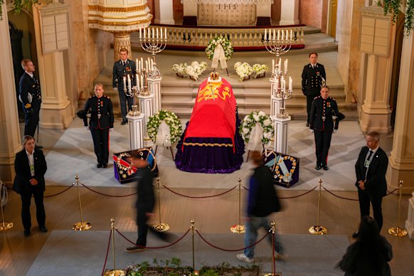 The coffin of late King Harald in Oslo on Tuesday.
