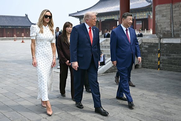 Trump’s daughter-in-law Lara Trump joins the tour party at the Temple of Heaven.