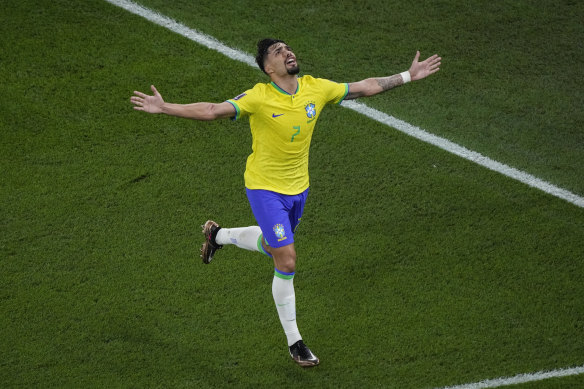 Lucas Paqueta celebrates Brazil’s fourth and final goal.