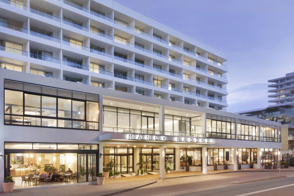 The revitalised Manly Pacific Hotel and its beachside facade.