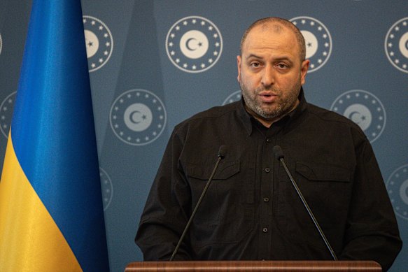 Ukrainian Defence Minister Rustem Umerov speaks to the media after the talks at the Ciragan Palace in Istanbul.