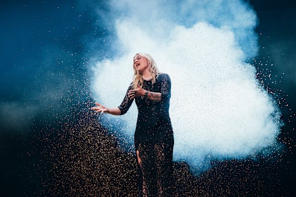 France’s Louane performs on stage at the 2025 Eurovision Song Contest.