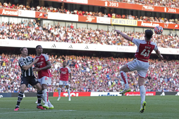 Arsenal’s Declan Rice scores to break the deadlock at the Emirates.