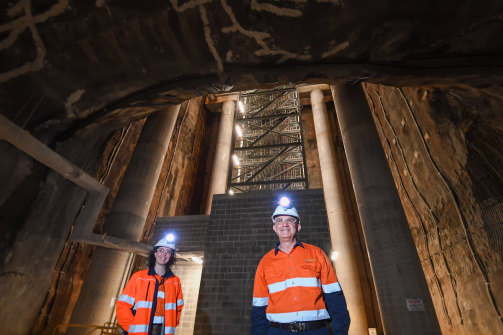 Site engineer Emma Clark and mechanical and electrical manager Charles Giuttari within a ventilation shaft of NorthConnex.