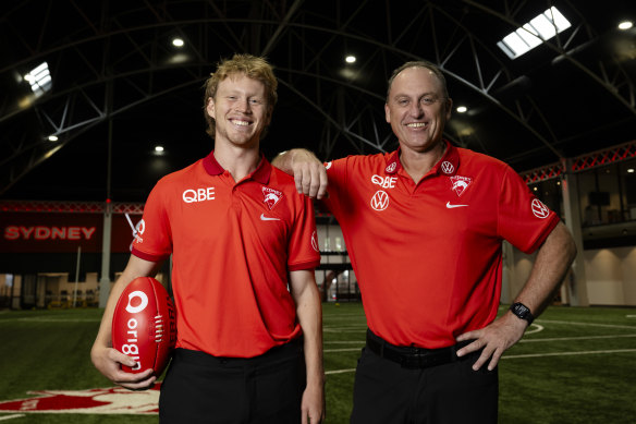 Swans Captain Callum Mills with head coach John Longmire after the midfielder was named Swans captain for the new season.